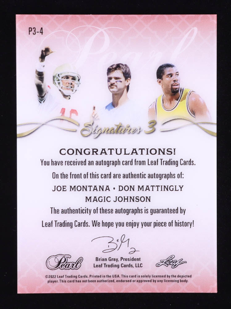 Joe Montana / Don Mattingly / Magic Johnson 2022 Leaf Pearl Signatures 3 Green #P34 #4/8 at PristineAuction.com Joe Montana / Don Mattingly / Magic Johnson 2022 Leaf Pearl Signatures 3 Green #P34 #4/8 at PristineAuction.com