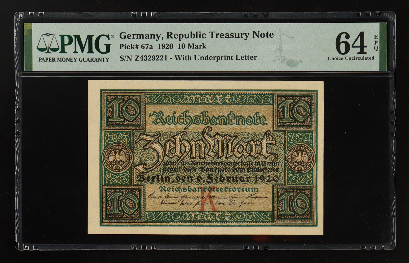 1920 Germany 10 Mark Republic Treasury Note (PMG Choice Unc 64 EPQ) at PristineAuction.com 1920 Germany 10 Mark Republic Treasury Note (PMG Choice Unc 64 EPQ) at PristineAuction.com