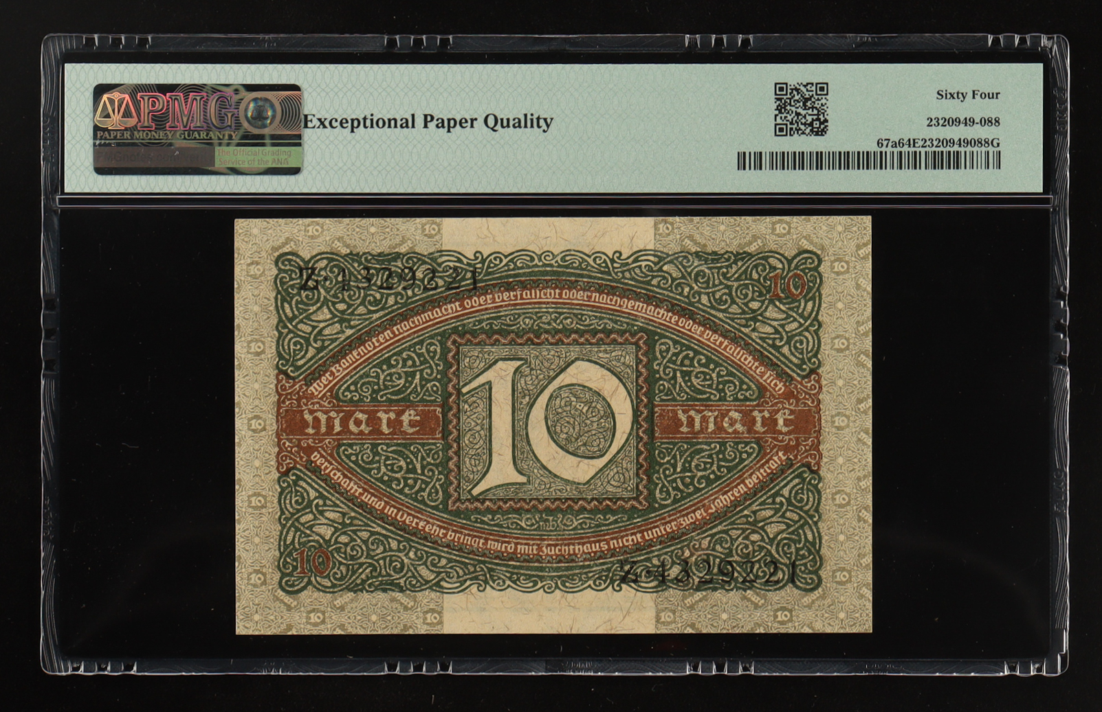 1920 Germany 10 Mark Republic Treasury Note (PMG Choice Unc 64 EPQ) at PristineAuction.com 1920 Germany 10 Mark Republic Treasury Note (PMG Choice Unc 64 EPQ) at PristineAuction.com