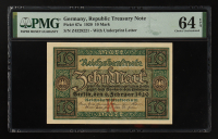 1920 Germany 10 Mark Republic Treasury Note (PMG Choice Unc 64 EPQ) at PristineAuction.com