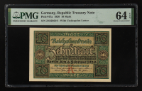1920 Germany 10 Mark Republic Treasury Note (PMG Choice Unc 64 EPQ) at PristineAuction.com