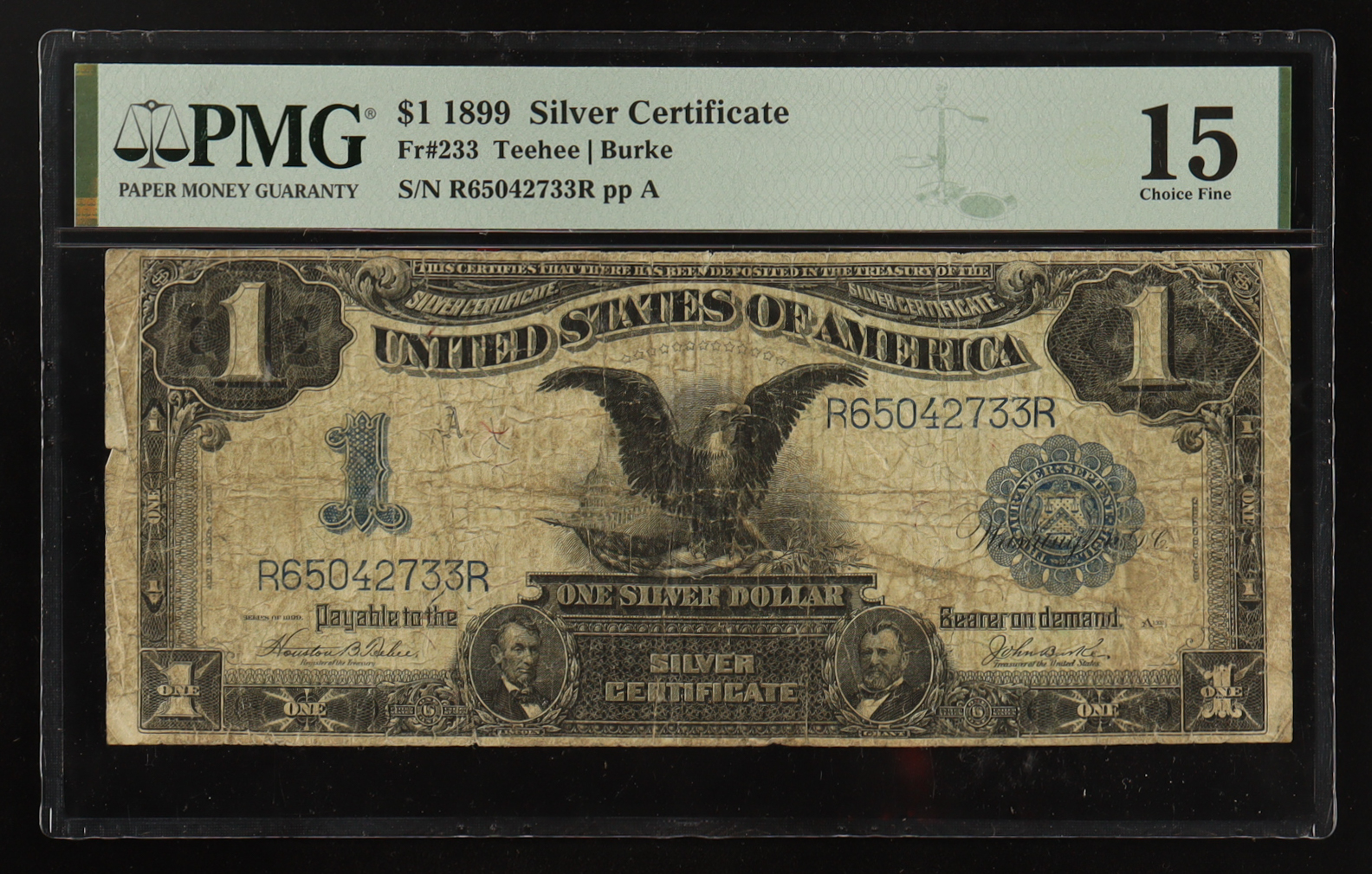 1899 U.S. $1 One Dollar "Black Eagle" Silver Certificate (PMG Choice Fine 15) at PristineAuction.com 1899 U.S. $1 One Dollar "Black Eagle" Silver Certificate (PMG Choice Fine 15) at PristineAuction.com