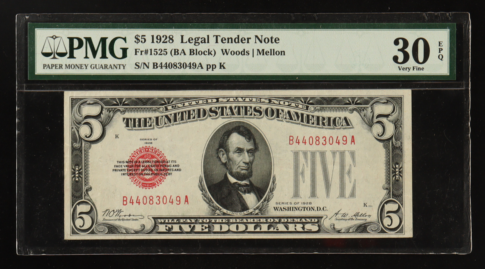 1928 U.S. $5 Legal Tender Note, Red Seal - Fr.1525 (BA Block) Signed: Woods / Mellon (PMG VF30 EPQ) at PristineAuction.com 1928 U.S. $5 Legal Tender Note, Red Seal - Fr.1525 (BA Block) Signed: Woods / Mellon (PMG VF30 EPQ) at PristineAuction.com