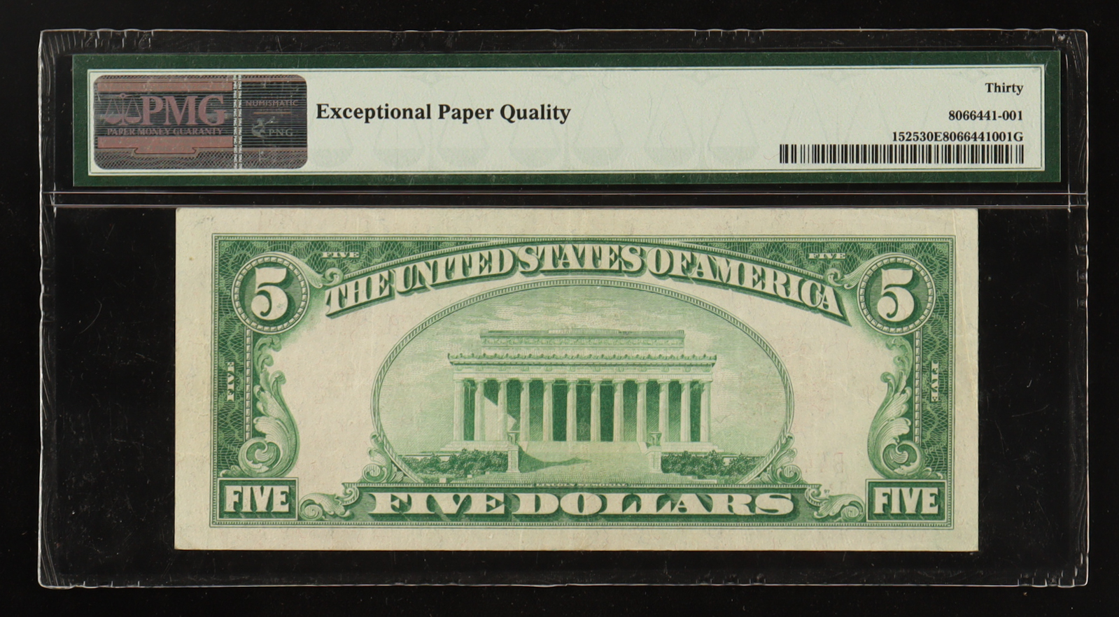 1928 U.S. $5 Legal Tender Note, Red Seal - Fr.1525 (BA Block) Signed: Woods / Mellon (PMG VF30 EPQ) at PristineAuction.com 1928 U.S. $5 Legal Tender Note, Red Seal - Fr.1525 (BA Block) Signed: Woods / Mellon (PMG VF30 EPQ) at PristineAuction.com