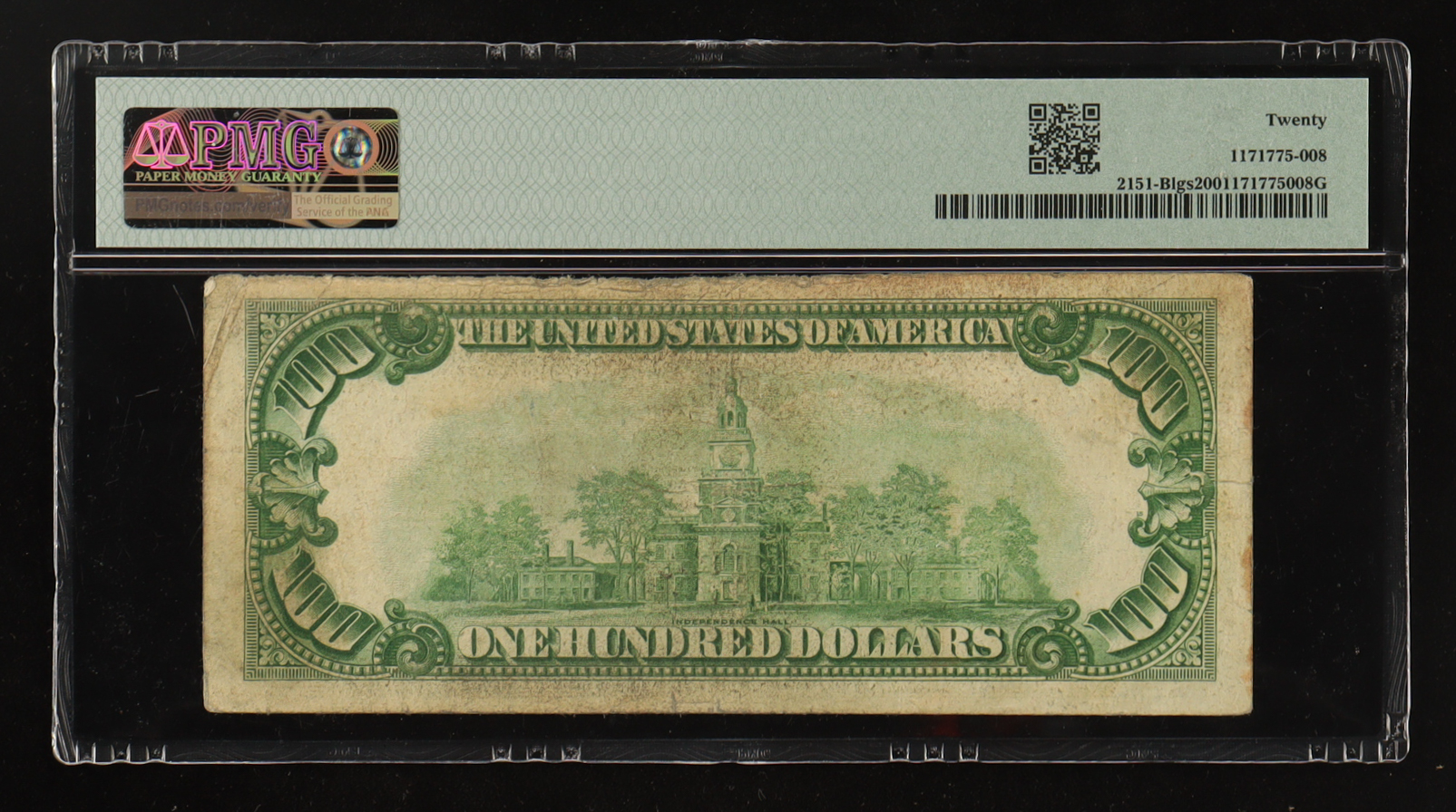 1928-A U.S. $100 Gold Demand Note, New York - Fr.2151-Blgs Light Green (BA Block) Signed: Woods / Mellon (PMG VF20) at PristineAuction.com 1928-A U.S. $100 Gold Demand Note, New York - Fr.2151-Blgs Light Green (BA Block) Signed: Woods / Mellon (PMG VF20) at PristineAuction.com