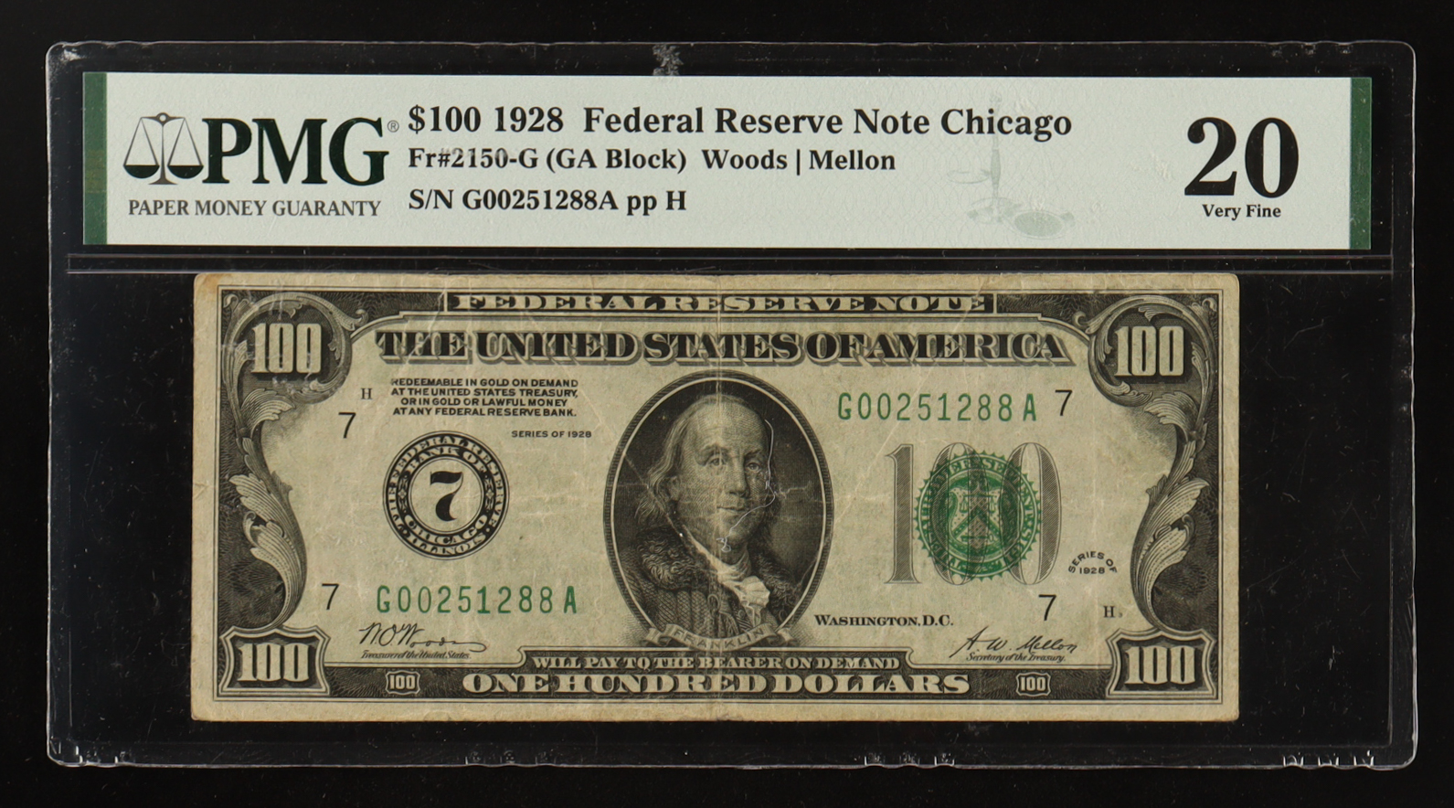 1928 U.S. $100 Gold Demand Note, Chicago - Fr.2150-G (GA Block) Signed: Woods / Mellon (PCGS VF20) at PristineAuction.com 1928 U.S. $100 Gold Demand Note, Chicago - Fr.2150-G (GA Block) Signed: Woods / Mellon (PCGS VF20) at PristineAuction.com