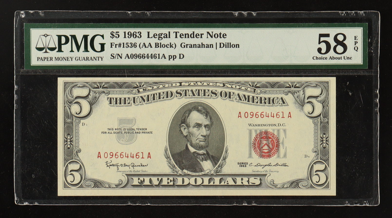1963 U.S. $5 Five Dollars Federal Reserve Note - Red Seal (PMG CAU58 EPQ) at PristineAuction.com 1963 U.S. $5 Five Dollars Federal Reserve Note - Red Seal (PMG CAU58 EPQ) at PristineAuction.com