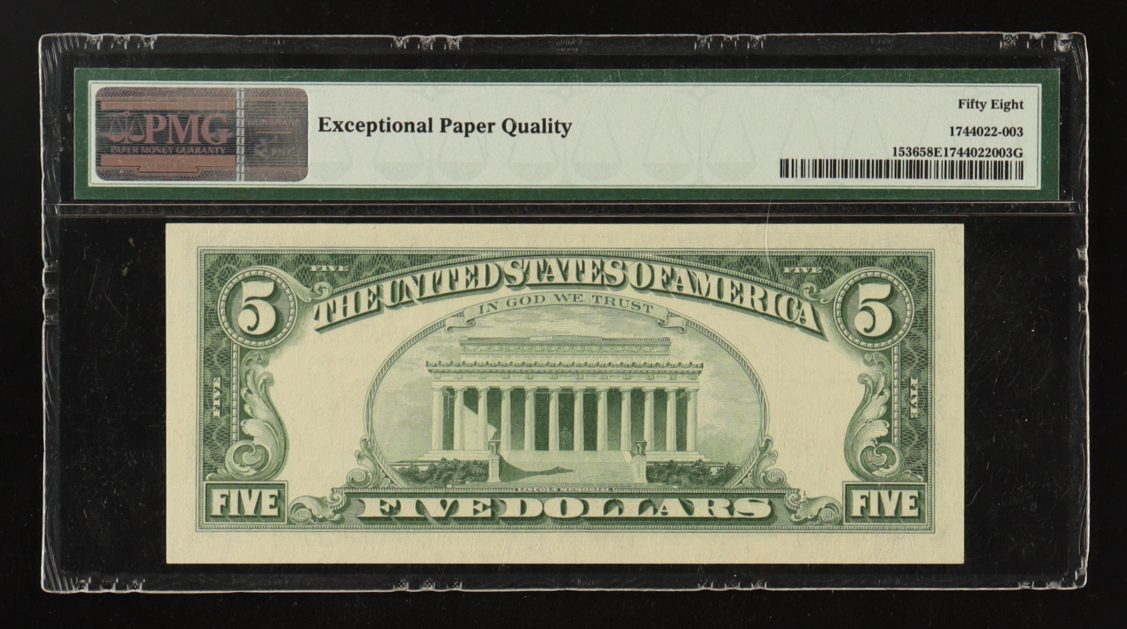 1963 U.S. $5 Five Dollars Federal Reserve Note - Red Seal (PMG CAU58 EPQ) at PristineAuction.com 1963 U.S. $5 Five Dollars Federal Reserve Note - Red Seal (PMG CAU58 EPQ) at PristineAuction.com