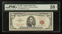 1963 U.S. $5 Five Dollars Federal Reserve Note - Red Seal (PMG CAU58 EPQ) at PristineAuction.com