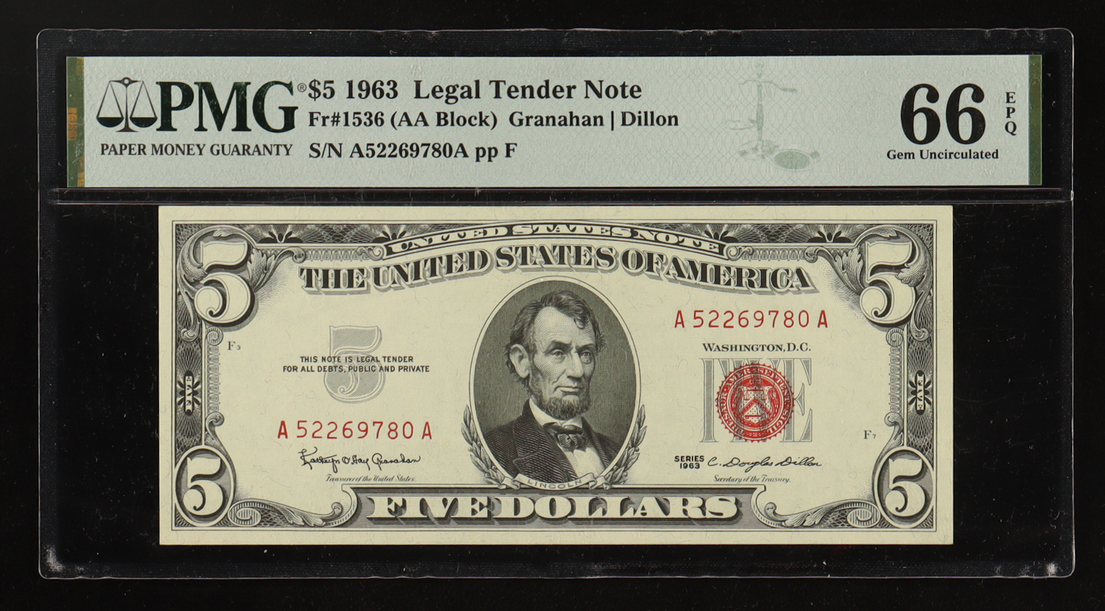 1963 U.S. $5 Five Dollars Federal Reserve Note - Red Seal (PMG Gem Unc 66 EPQ) at PristineAuction.com 1963 U.S. $5 Five Dollars Federal Reserve Note - Red Seal (PMG Gem Unc 66 EPQ) at PristineAuction.com