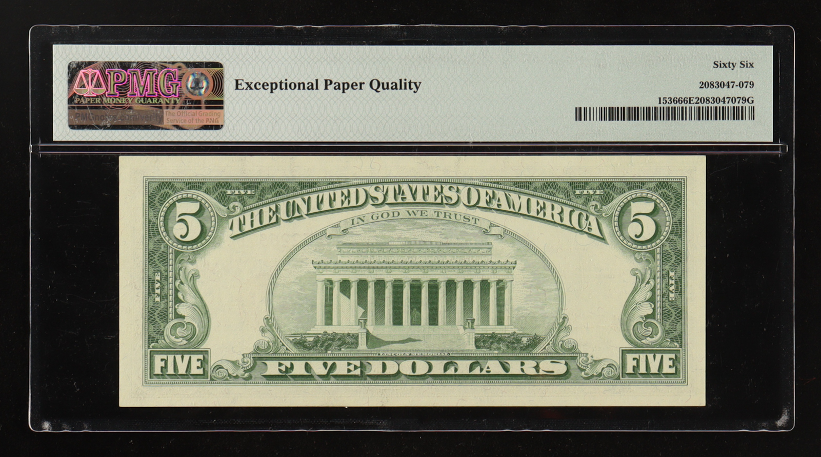 1963 U.S. $5 Five Dollars Federal Reserve Note - Red Seal (PMG Gem Unc 66 EPQ) at PristineAuction.com 1963 U.S. $5 Five Dollars Federal Reserve Note - Red Seal (PMG Gem Unc 66 EPQ) at PristineAuction.com