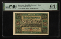 1920 Germany 10 Mark Republic Treasury Note (PMG Choice Unc 64 EPQ) at PristineAuction.com