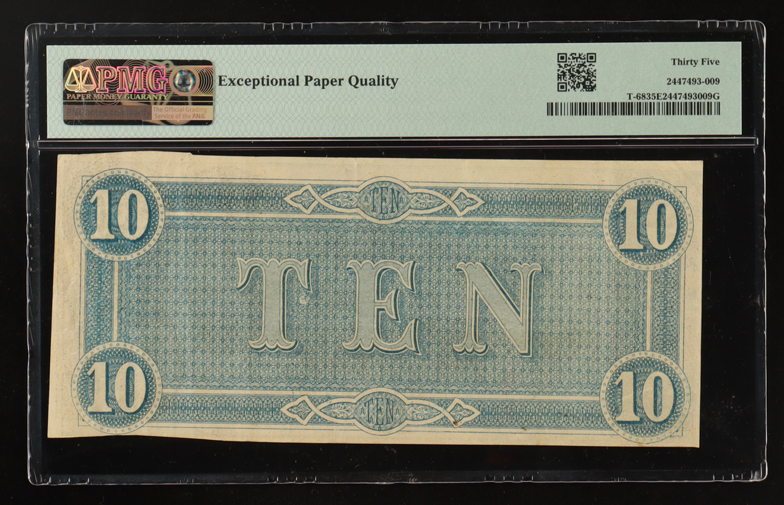 1864 Confederate States of America $10 Currency Note T-68 (PMG CVF 35 EPQ) at PristineAuction.com 1864 Confederate States of America $10 Currency Note T-68 (PMG CVF 35 EPQ) at PristineAuction.com
