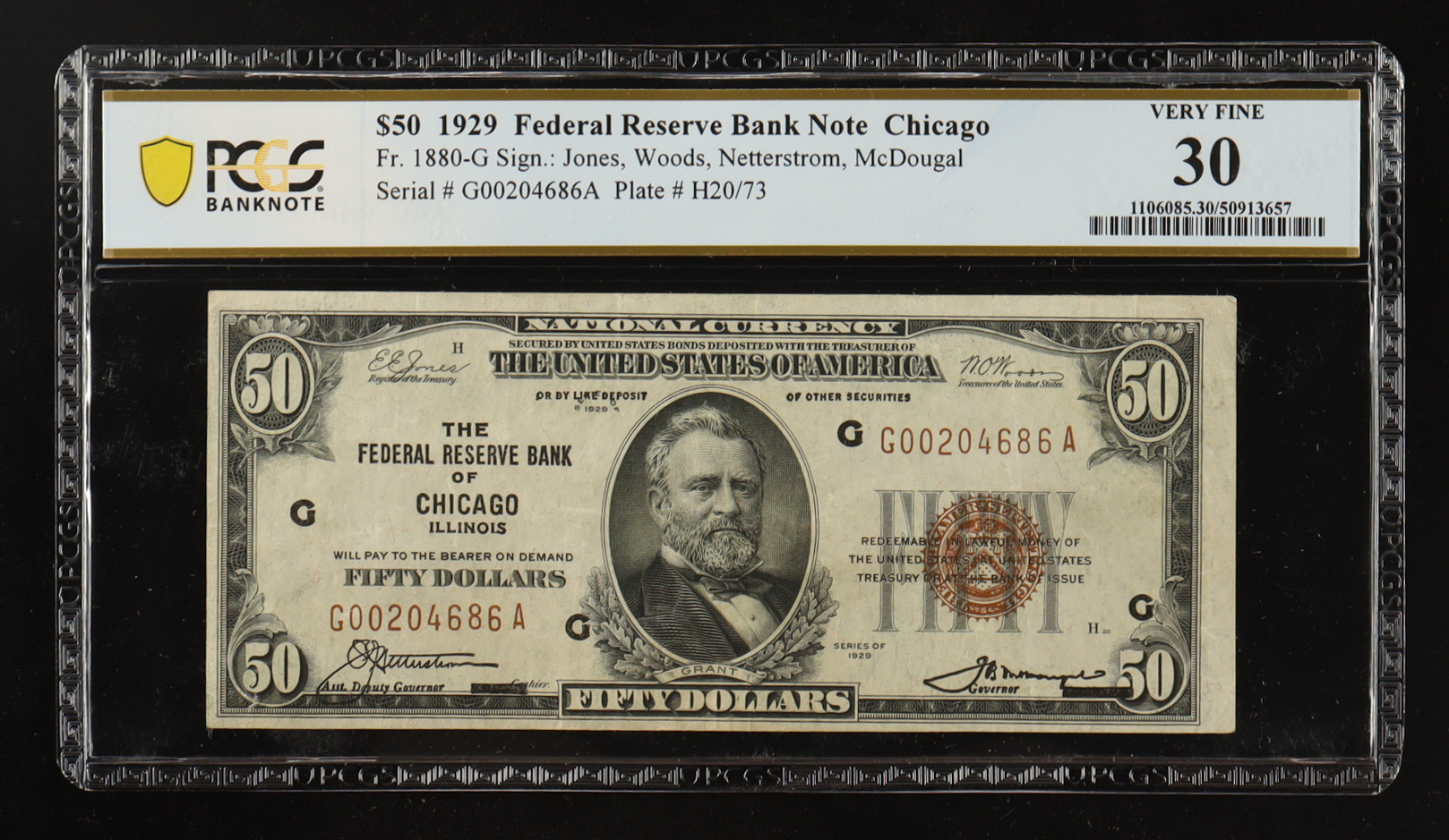 1929 U.S. $50 National Currency Note, Chicago - Fr.1880-G Signed: Jones / Woods / Netterstrom / McDougal (PCGS VF30) at PristineAuction.com 1929 U.S. $50 National Currency Note, Chicago - Fr.1880-G Signed: Jones / Woods / Netterstrom / McDougal (PCGS VF30) at PristineAuction.com