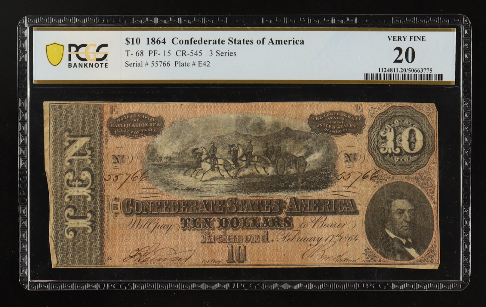 1864 Confederate States of America $10 Currency Note T-68, Third Series (PCGS Very Fine 20) at PristineAuction.com 1864 Confederate States of America $10 Currency Note T-68, Third Series (PCGS Very Fine 20) at PristineAuction.com