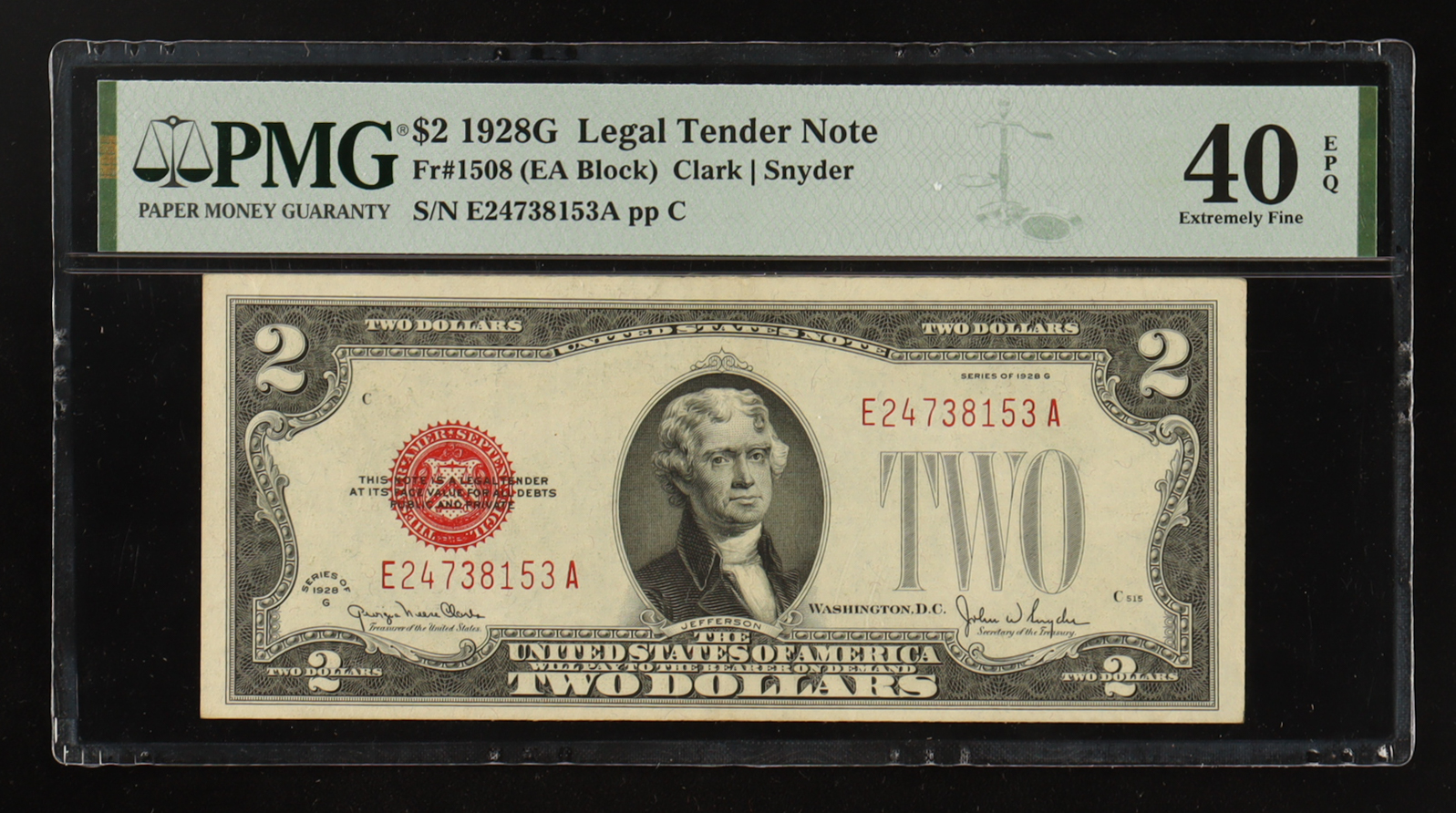 1928-G U.S. $2 Two Dollars Legal Tender Note - Red Seal - EA Block (PMG EF 40 EPQ) at PristineAuction.com 1928-G U.S. $2 Two Dollars Legal Tender Note - Red Seal - EA Block (PMG EF 40 EPQ) at PristineAuction.com