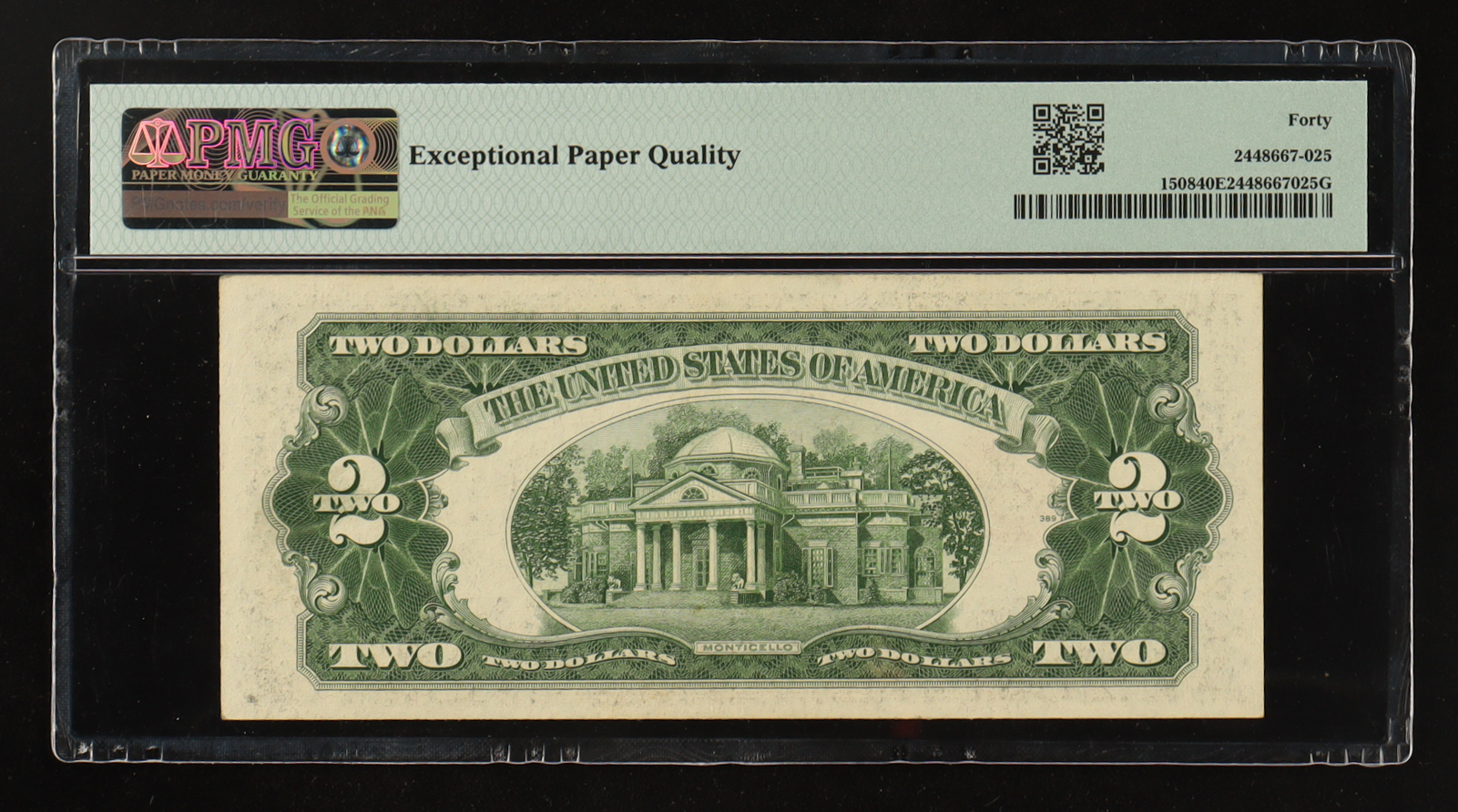 1928-G U.S. $2 Two Dollars Legal Tender Note - Red Seal - EA Block (PMG EF 40 EPQ) at PristineAuction.com 1928-G U.S. $2 Two Dollars Legal Tender Note - Red Seal - EA Block (PMG EF 40 EPQ) at PristineAuction.com
