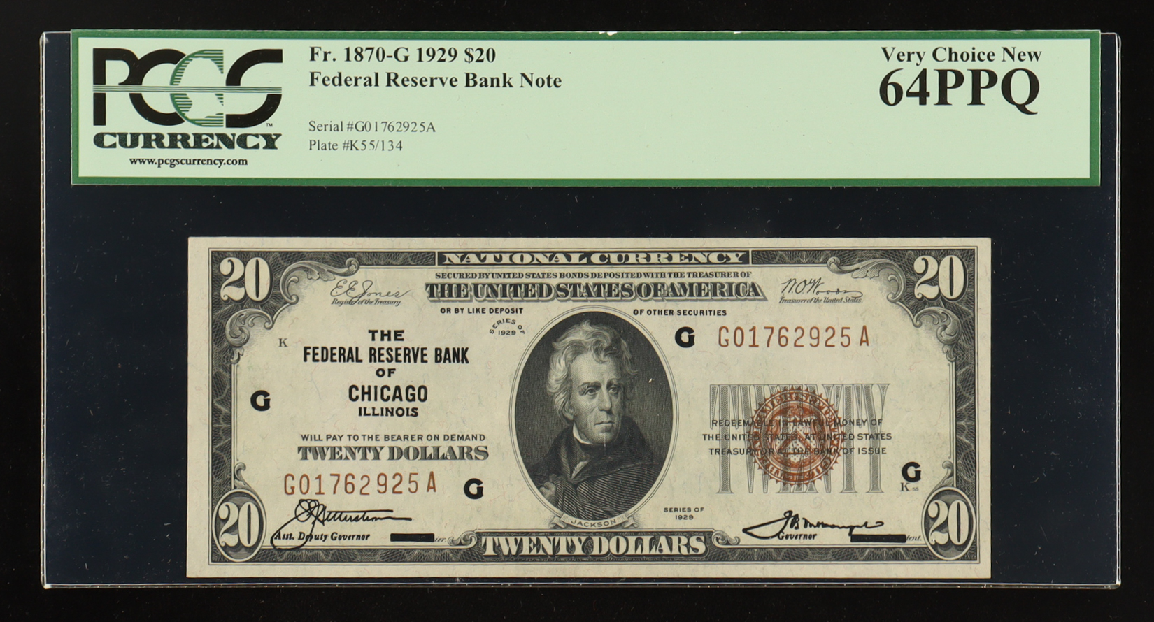 1929 U.S. $20 National Currency Note, Chicago - Fr.1870-G Signed: Jones / Woods / Netterstrom / McDougal (PCGS VERY CHOICE NEW 64 PPQ) at PristineAuction.com 1929 U.S. $20 National Currency Note, Chicago - Fr.1870-G Signed: Jones / Woods / Netterstrom / McDougal (PCGS VERY CHOICE NEW 64 PPQ) at PristineAuction.com