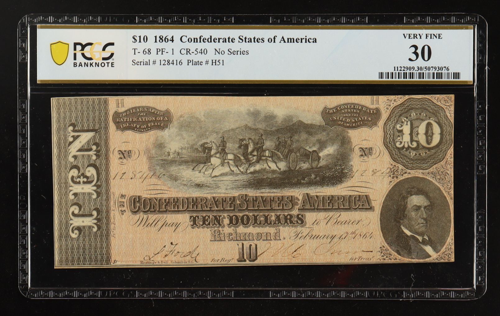 1864 Confederate States of America $10 Currency Note T-68 (PCGS Very Fine 30) at PristineAuction.com 1864 Confederate States of America $10 Currency Note T-68 (PCGS Very Fine 30) at PristineAuction.com