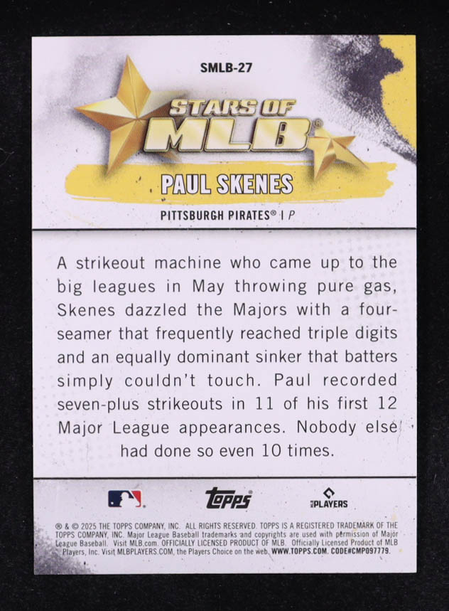 Paul Skenes 2025 Topps Stars of MLB #SMLB27 at PristineAuction.com Paul Skenes 2025 Topps Stars of MLB #SMLB27 at PristineAuction.com