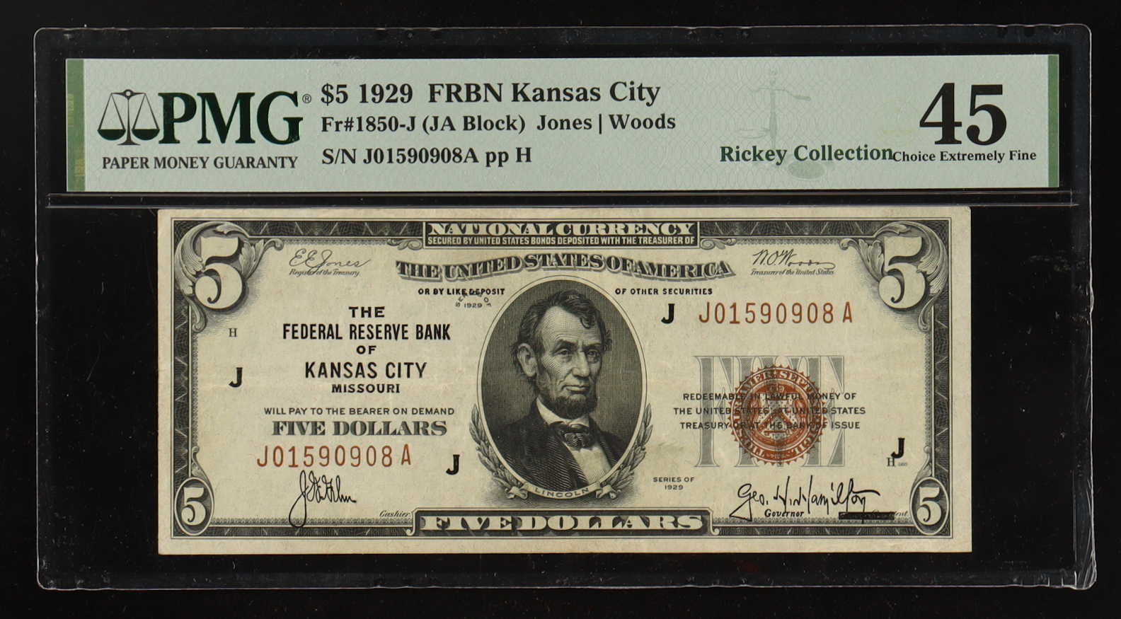 1929 U.S. $5 National Currency Note, Kansas City - Fr.1850-J Signed: Jones / Woods / Netterstrom / McDougal (PMG CHOICE EF45) at PristineAuction.com 1929 U.S. $5 National Currency Note, Kansas City - Fr.1850-J Signed: Jones / Woods / Netterstrom / McDougal (PMG CHOICE EF45) at PristineAuction.com