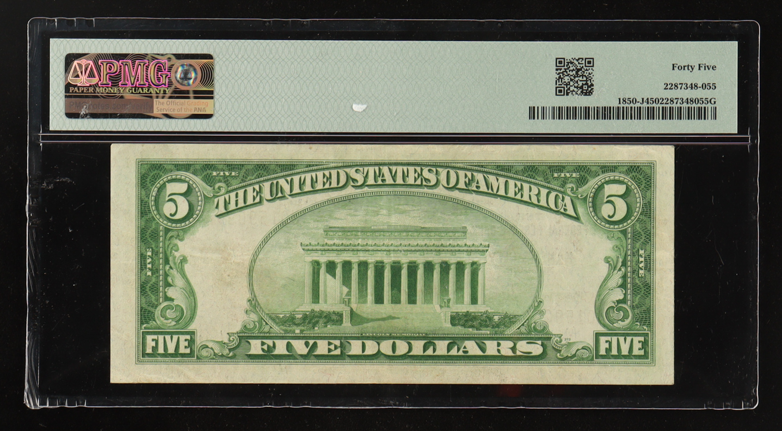 1929 U.S. $5 National Currency Note, Kansas City - Fr.1850-J Signed: Jones / Woods / Netterstrom / McDougal (PMG CHOICE EF45) at PristineAuction.com 1929 U.S. $5 National Currency Note, Kansas City - Fr.1850-J Signed: Jones / Woods / Netterstrom / McDougal (PMG CHOICE EF45) at PristineAuction.com