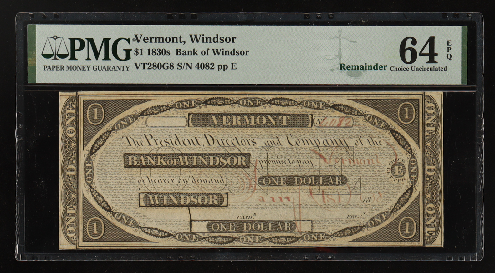 1830's Vermont $1 Dollar Currency Note - The Bank of Windsor (PMG CHOICE UNCIRCULATED 64 EPQ) at PristineAuction.com 1830's Vermont $1 Dollar Currency Note - The Bank of Windsor (PMG CHOICE UNCIRCULATED 64 EPQ) at PristineAuction.com