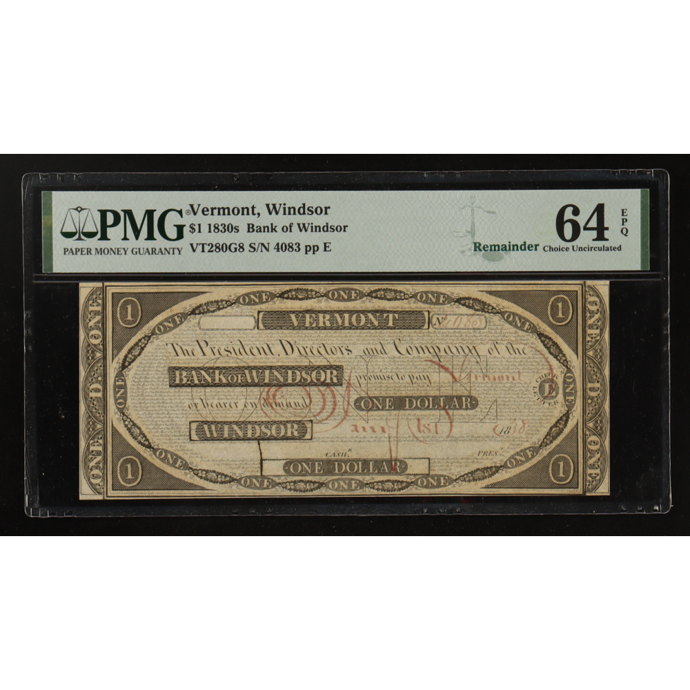 1830's Vermont $1 Dollar Currency Note - The Bank of Windsor (PMG ...