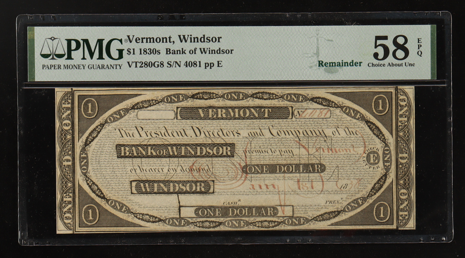 1830's Vermont $1 Dollar Currency Note - The Bank of Windsor (PMG CHOICE AU58 EPQ) at PristineAuction.com 1830's Vermont $1 Dollar Currency Note - The Bank of Windsor (PMG CHOICE AU58 EPQ) at PristineAuction.com