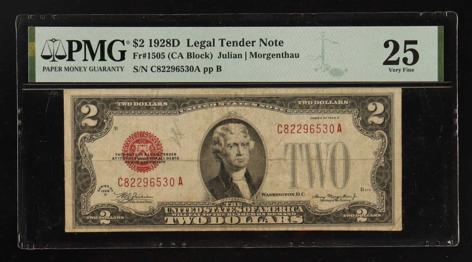 1928-D U.S. $2 Legal Tender Note, Red Seal - Fr.1505 (CA Block) Signed: Julian / Morgenthau (PMG VF25) at PristineAuction.com 1928-D U.S. $2 Legal Tender Note, Red Seal - Fr.1505 (CA Block) Signed: Julian / Morgenthau (PMG VF25) at PristineAuction.com