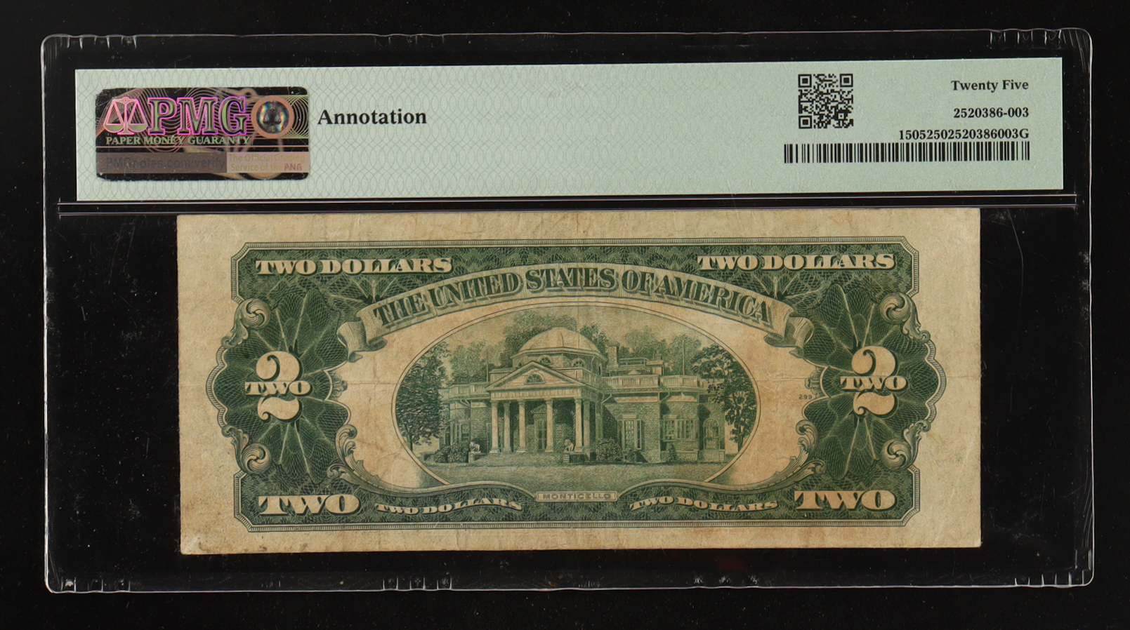 1928-D U.S. $2 Legal Tender Note, Red Seal - Fr.1505 (CA Block) Signed: Julian / Morgenthau (PMG VF25) at PristineAuction.com 1928-D U.S. $2 Legal Tender Note, Red Seal - Fr.1505 (CA Block) Signed: Julian / Morgenthau (PMG VF25) at PristineAuction.com