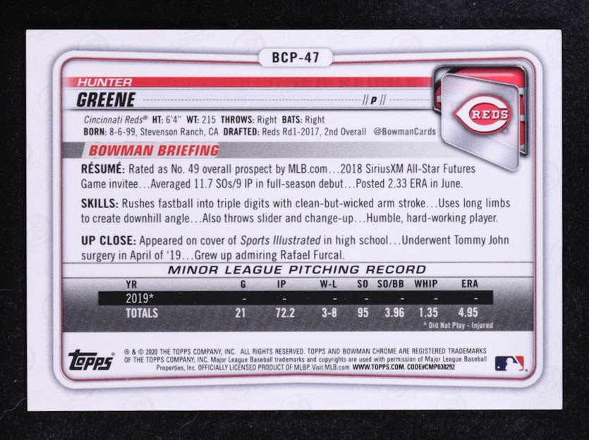 Hunter Greene 2020 Bowman Chrome Speckle Refractor #BCP-47 RC #075/299 at PristineAuction.com Hunter Greene 2020 Bowman Chrome Speckle Refractor #BCP-47 RC #075/299 at PristineAuction.com