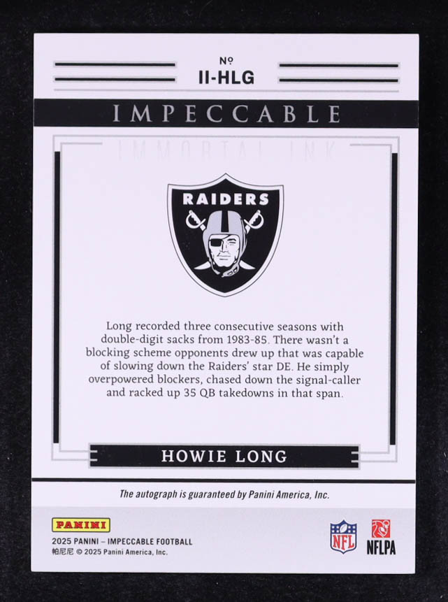 Howie Long 2025 Panini Impeccable Immortal Ink Silver #15 #47/49 at PristineAuction.com Howie Long 2025 Panini Impeccable Immortal Ink Silver #15 #47/49 at PristineAuction.com