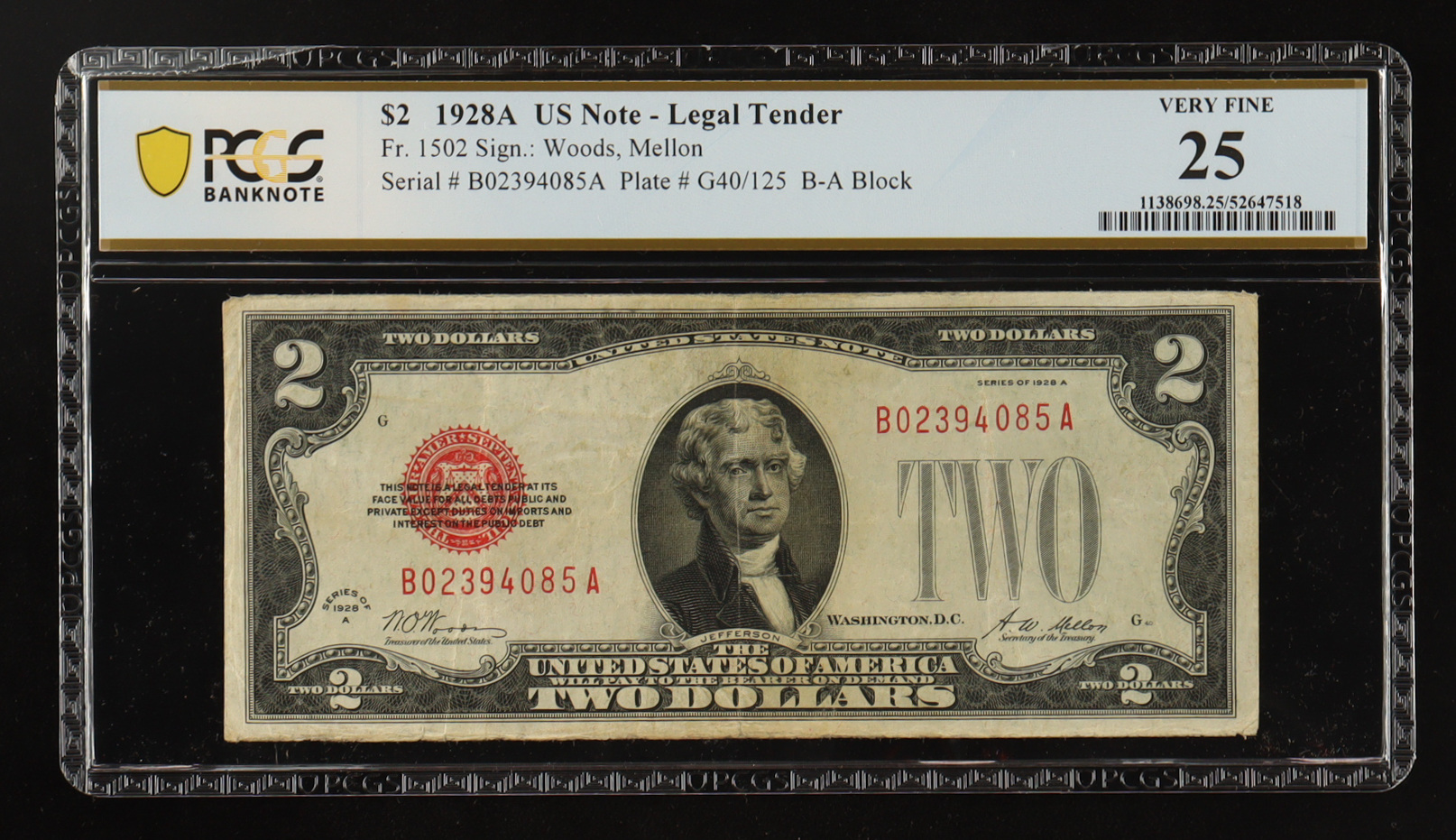 1928-A U.S. $2 Legal Tender Note, Red Seal - Fr.1502 (BA Block) Signed: Woods / Mellon (PCGS VF25) at PristineAuction.com 1928-A U.S. $2 Legal Tender Note, Red Seal - Fr.1502 (BA Block) Signed: Woods / Mellon (PCGS VF25) at PristineAuction.com