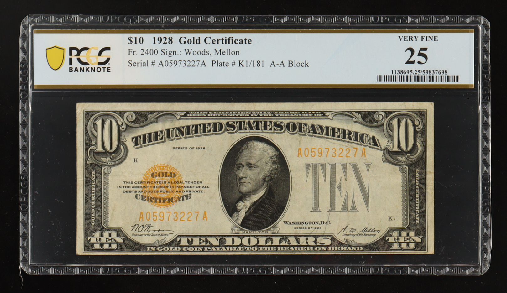 1928 U.S. $10 Gold Certificate Fr.2400 (AA Block) Signed: Woods / Mellon (PCGS VF25) at PristineAuction.com 1928 U.S. $10 Gold Certificate Fr.2400 (AA Block) Signed: Woods / Mellon (PCGS VF25) at PristineAuction.com