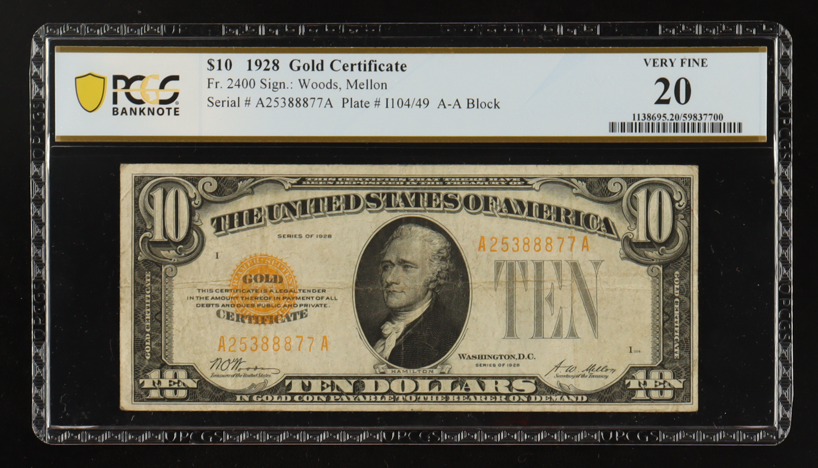 1928 U.S. $10 Gold Certificate Fr.2400 (AA Block) Signed: Woods / Mellon (PCGS VF20) at PristineAuction.com 1928 U.S. $10 Gold Certificate Fr.2400 (AA Block) Signed: Woods / Mellon (PCGS VF20) at PristineAuction.com