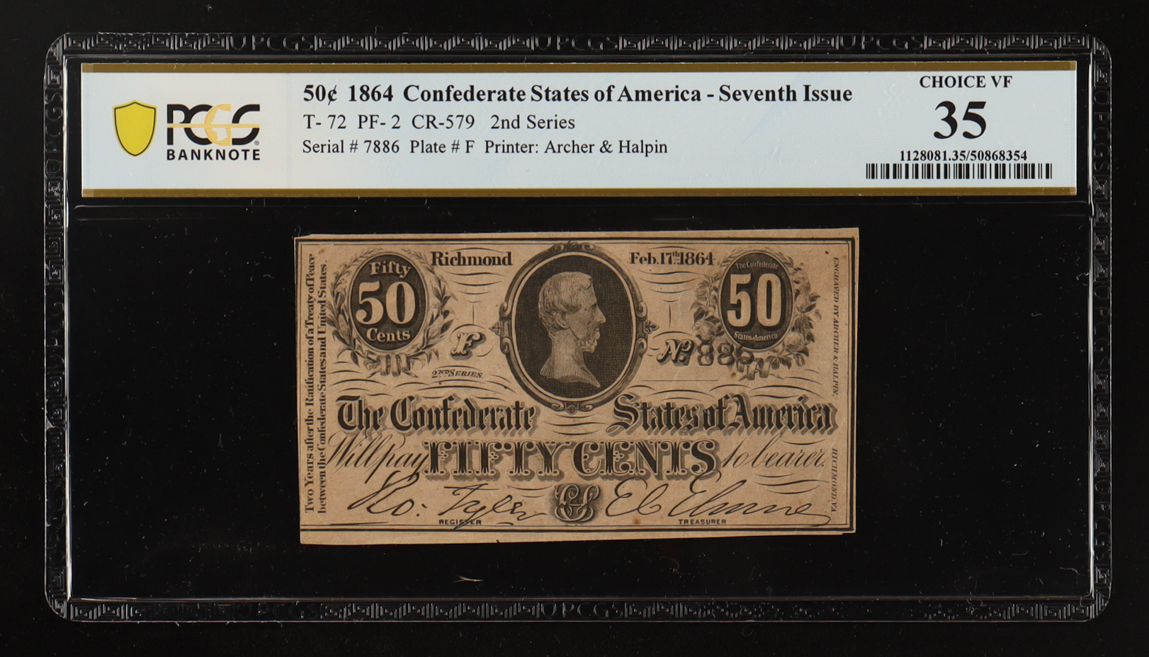 1864 Confederate 50C Currency Note, 2nd Series T-72 (PCGS CHOICE VF35) at PristineAuction.com 1864 Confederate 50C Currency Note, 2nd Series T-72 (PCGS CHOICE VF35) at PristineAuction.com
