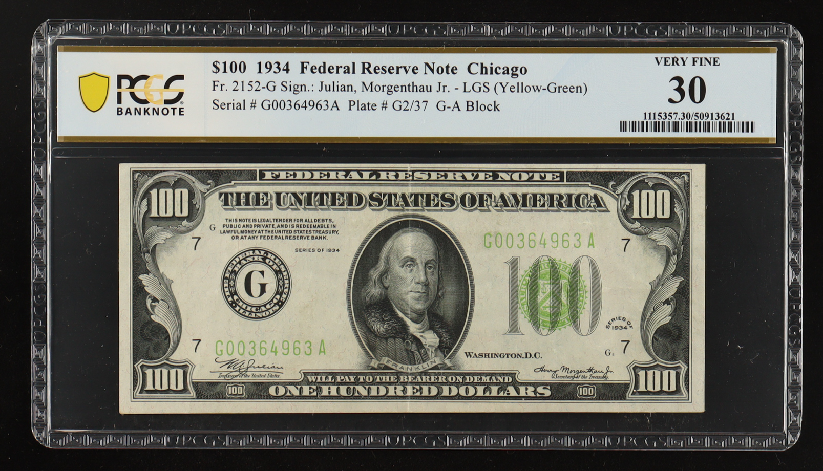 1934 U.S. $100 Federal Reserve Note, Chicago - Fr. 2152-G (GA Block) Signed: Julian / Morgenthau (PCGS VF30) at PristineAuction.com 1934 U.S. $100 Federal Reserve Note, Chicago - Fr. 2152-G (GA Block) Signed: Julian / Morgenthau (PCGS VF30) at PristineAuction.com