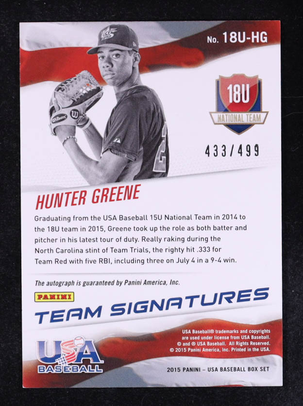 Hunter Greene 2015 Panini USA Baseball Box Set Team Signatures #18U-HG RC #433/499 at PristineAuction.com Hunter Greene 2015 Panini USA Baseball Box Set Team Signatures #18U-HG RC #433/499 at PristineAuction.com