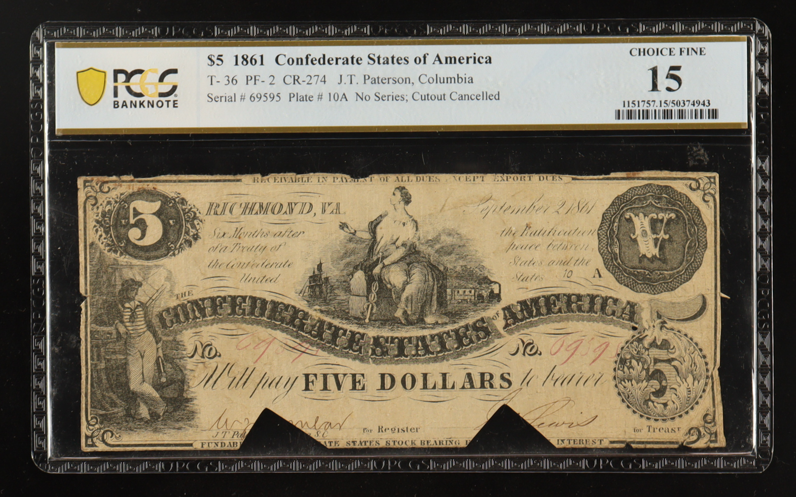 1861 Confederate $5 Currency Note, 2nd Series T-36 (PCGS CHOICE FINE 15) at PristineAuction.com 1861 Confederate $5 Currency Note, 2nd Series T-36 (PCGS CHOICE FINE 15) at PristineAuction.com