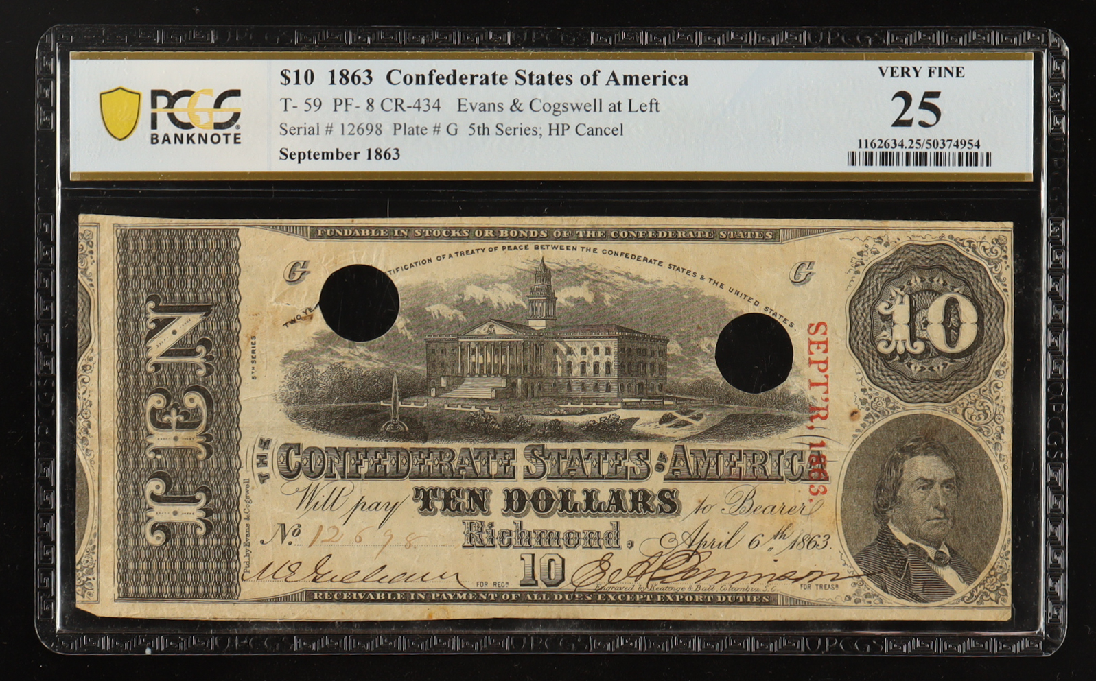 1863 Confederate $10 Currency Note, 5th Series T-59 (PCGS VF25) at PristineAuction.com 1863 Confederate $10 Currency Note, 5th Series T-59 (PCGS VF25) at PristineAuction.com