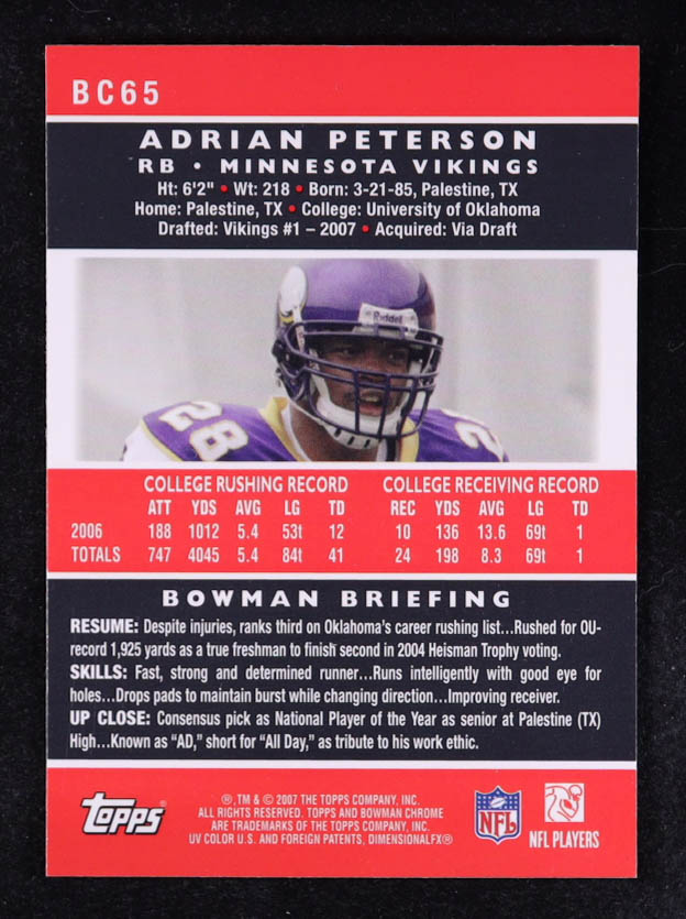 Adrian Peterson 2007 Bowman Chrome #BC65 RC at PristineAuction.com Adrian Peterson 2007 Bowman Chrome #BC65 RC at PristineAuction.com
