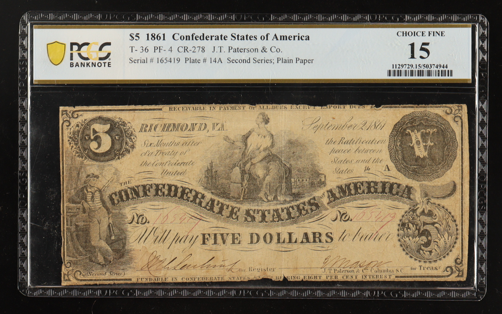 1861 Confederate $5 Currency Note, 2nd Series T-36 (PCGS Choice Fine 15) at PristineAuction.com 1861 Confederate $5 Currency Note, 2nd Series T-36 (PCGS Choice Fine 15) at PristineAuction.com
