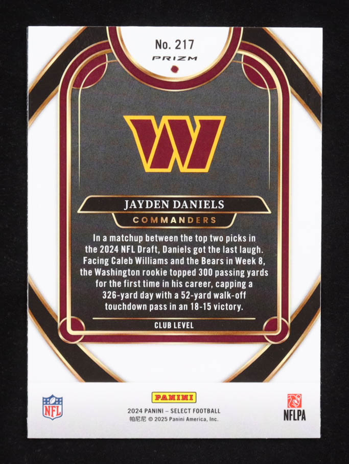 Jayden Daniels 2024 Select Prizm Red and Blue Shock #217 RC at PristineAuction.com Jayden Daniels 2024 Select Prizm Red and Blue Shock #217 RC at PristineAuction.com