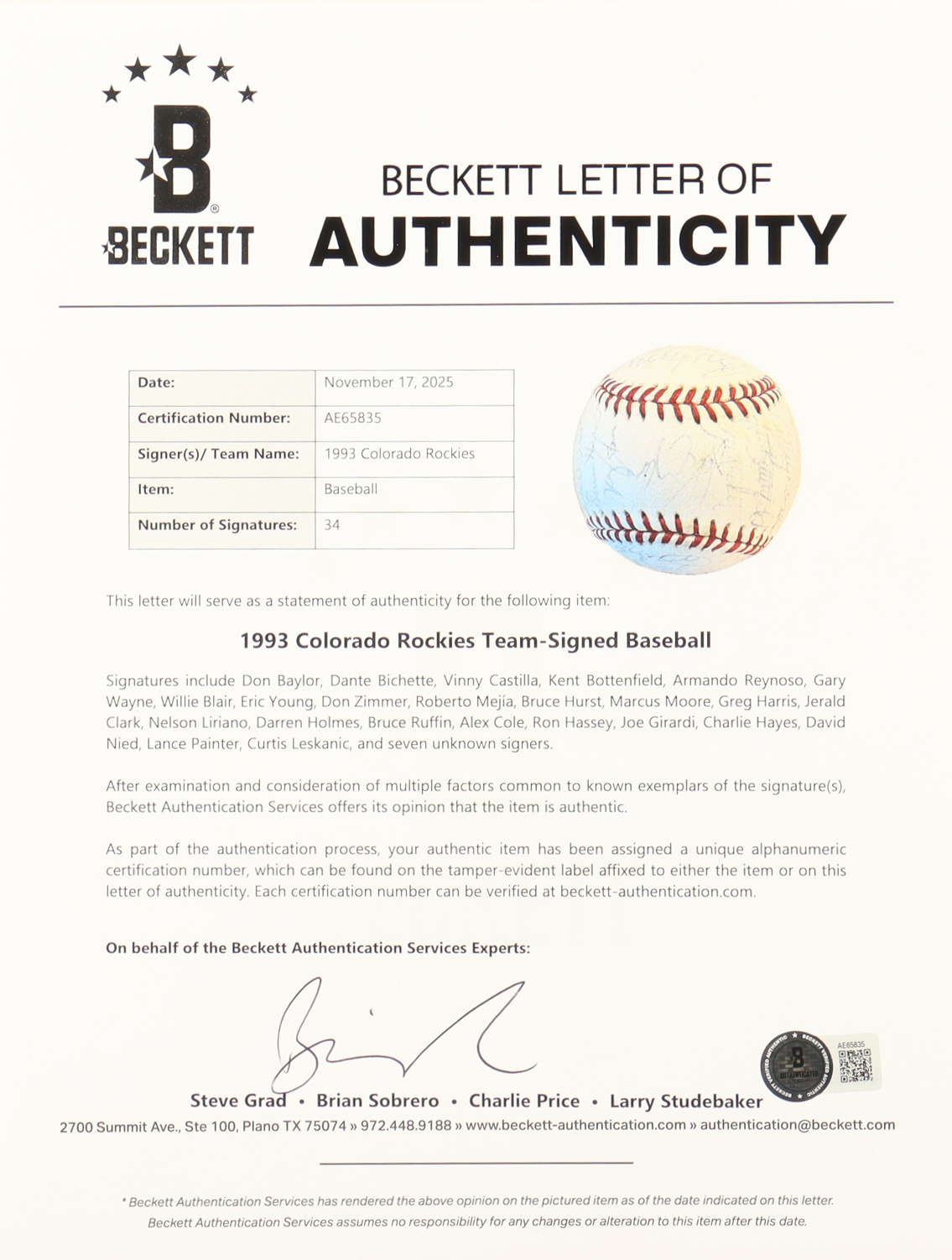 1993 Rockies ONL Baseball Team-Signed By (34) With Don Baylor, Bruce Hurst, Charlie Hayes, Vinny Castilla (Beckett) at PristineAuction.com 1993 Rockies ONL Baseball Team-Signed By (34) With Don Baylor, Bruce Hurst, Charlie Hayes, Vinny Castilla (Beckett) at PristineAuction.com