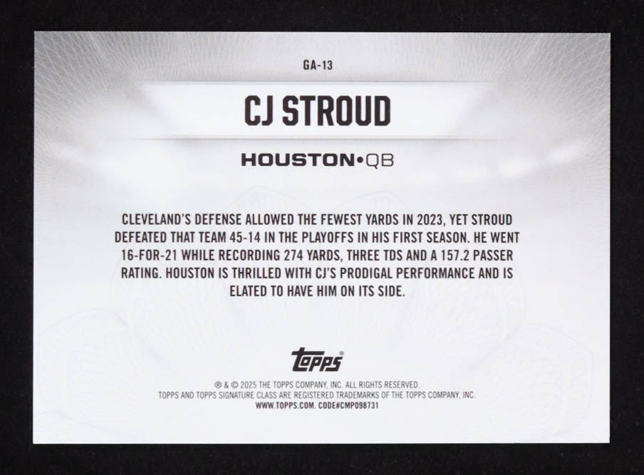 CJ Stroud 2024 Topps Signature Class Gridiron Ambassadors Orange #GA-13 #8/50 at PristineAuction.com CJ Stroud 2024 Topps Signature Class Gridiron Ambassadors Orange #GA-13 #8/50 at PristineAuction.com