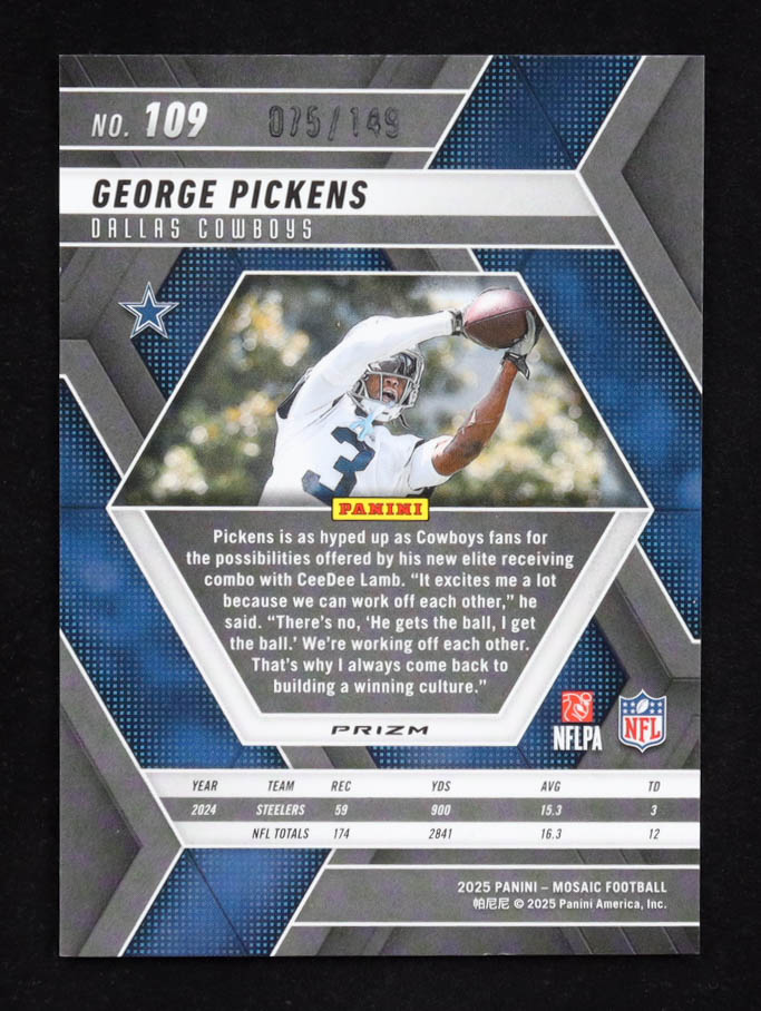 George Pickens 2025 Panini Mosaic Silver Knight #109 #75/149 at PristineAuction.com George Pickens 2025 Panini Mosaic Silver Knight #109 #75/149 at PristineAuction.com