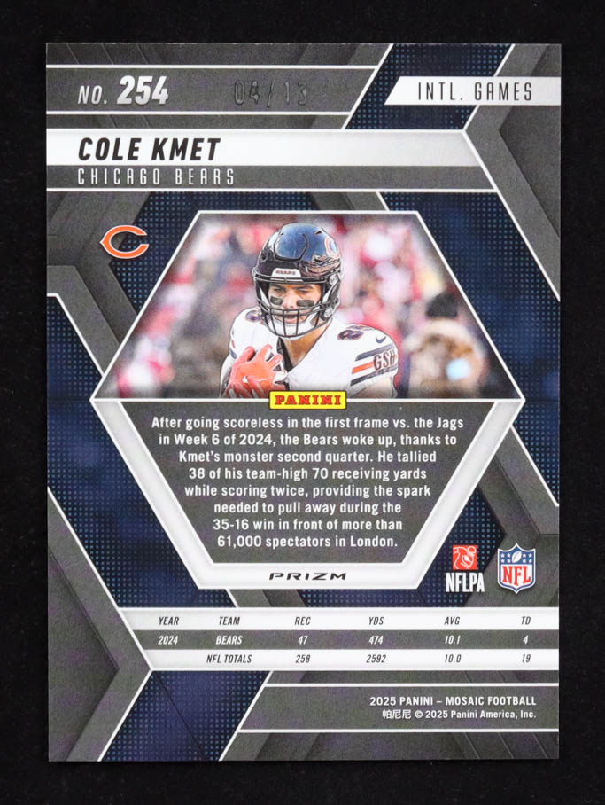 Cole Kmet 2025 Panini Mosaic Mosaic Green Spectris FOTL #254 #4/13 at PristineAuction.com Cole Kmet 2025 Panini Mosaic Mosaic Green Spectris FOTL #254 #4/13 at PristineAuction.com