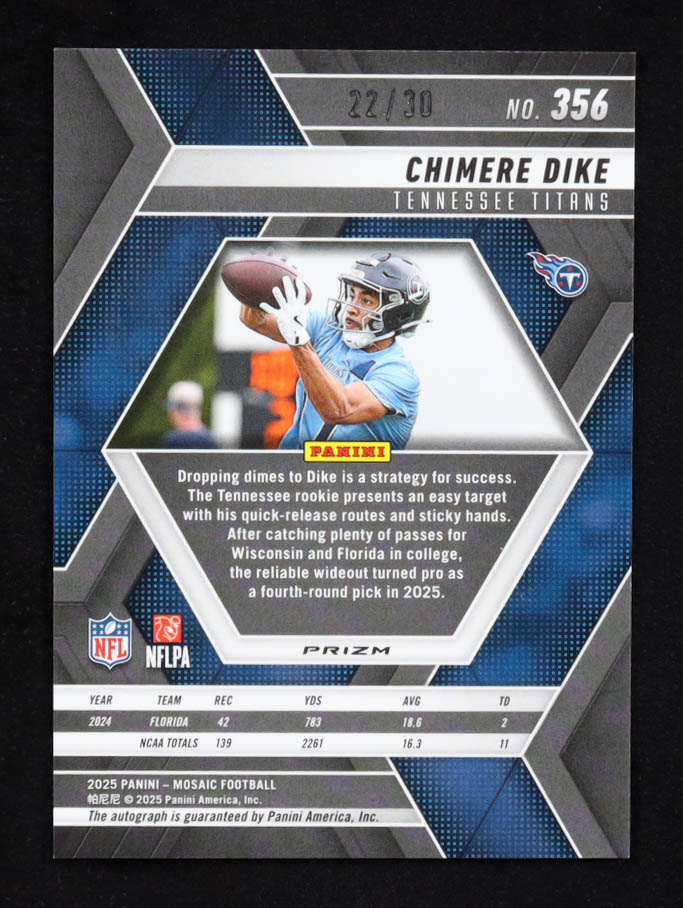 Chimere Dike 2025 Panini Mosaic Rookie Autographs Mosaic Green Spectris FOTL #356 RC #22/30 at PristineAuction.com Chimere Dike 2025 Panini Mosaic Rookie Autographs Mosaic Green Spectris FOTL #356 RC #22/30 at PristineAuction.com