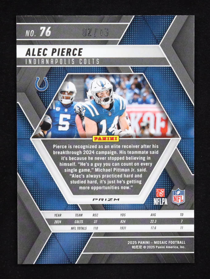 Alec Pierce 2025 Panini Mosaic Mosaic Pink Spectris FOTL #76 RC #2/13 at PristineAuction.com Alec Pierce 2025 Panini Mosaic Mosaic Pink Spectris FOTL #76 RC #2/13 at PristineAuction.com